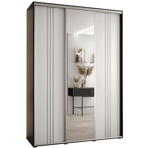 MEBLE KRYSPOL Cannes 7 Moderne Kledingkast met 3 Schuifdeuren met Kledingroede, Planken en Spiegel - Opbergkast voor Slaapkamer, Woonkamer - 205,2x170x60 cm - Zwart Wit Zilver