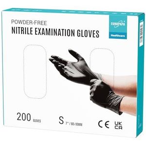 EUROPAPA® Wegwerphandschoenen, nitrilhandschoenen, poedervrij, onderzoekshandschoenen, EN455 EN374, latexvrij, wegwerphandschoenen, verkrijgbaar in maat S, M, L en XL, 200 stuks (S, Zwart)