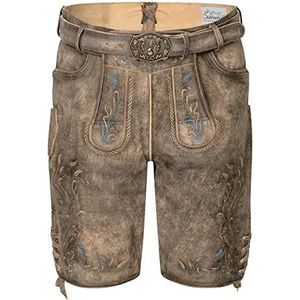 Schöneberger Trachten leren broek voor heren, kort, origineel wildbockleer, traditionele lederhose, antiek incl. klederdrachtriem, vintage klederdrachtbroek Theo, bruin-grijs, 60