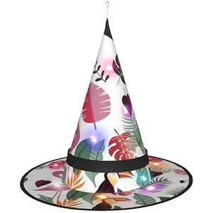 LAMAME Luiaard in roze tropische jungle bedrukte Halloween heksenhoed volwassen gloeiende puntige hoed Halloween kerstfeest decoratie hoed
