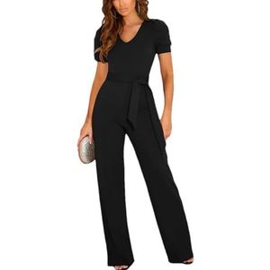 Tdvcpmkk Dames jumpsuit korte mouw V-hals wijde pijpen broek kant zakken kantoor dames losse jumpsuit, Zwart, L