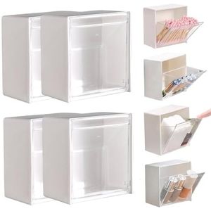 Hperu 4 stuks wattenstaafjesdispenser, wandgemonteerde wattenstaafjeshouder met flip-cover, 3,4 x 1,8 cm Installatie-organizer voor wattenstaafjes, pads, haarclips, kleine voorwerpen, Qtip dispenser