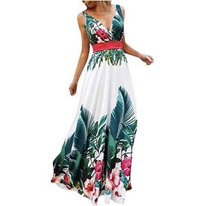 Womens Jurk Bohemia Mouwloos Strappy Bloemenblad Gedrukt Plissé Hem Flowy Zomer Casual Beach Party Avond Maxi Jurken met Riem