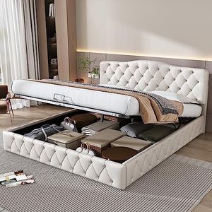 Aunvla Gestoffeerd bed 180 x 200 met lattenbodem en hoofdeinde, tienerbed, gestoffeerd bed met in hoogte verstelbaar hoofdeinde, opbergbed, houten lattenondersteuning, eenvoudige montage, PU, wit