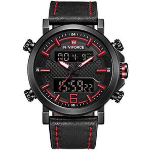 Heren Sport Lederen Analoog-Digitale Horloge Waterdicht Analoge Quartz Horloges Casual Chronograaf Backlight Militaire Horloges, Rood