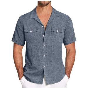 UBOHUZ Heren shirt met korte mouwen linnen korte mouwen button down shirt casual strand shirts vakantie eenvoudige casual slim fit shirts voor vrije tijd, Blauw, 3XL