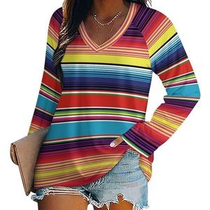 Kleurrijke Mexicaanse Deken Gestreepte Vrouwen V-hals Shirt Lange Mouw Tops Casual Losse Fit Blouses