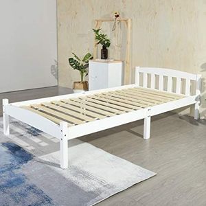 LiePu Eenpersoonsbedframe 3FT massief houten bedstee voor kinderen, tieners en volwassenen, geschikt voor een matras van 90x190 cm, wit