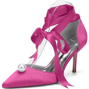 Trouwschoenen Met Gesloten Neus Voor Dames Jurken Met Hoge Hakken Pumps Met Parels Lint Stropdas Zakelijke Bruidsschoenen,Fuchsia,35 EU