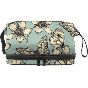 Dubbele Laag Cosmetische Tas Vlinder Groene Draagbare Make-up Tas Reizen Organizer Pouch voor Vrouwen Meisjes Toiletartikelen Tassen, Meerkleurig, 27x15x14 cm/10.6x5.9x5.5 in, Make-up zakje