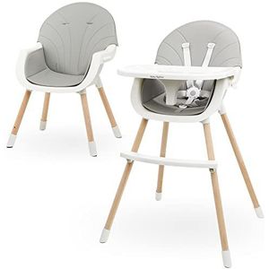Moby-System houten Amelia-voedingsstoel, 3-in-1 stoel voor kinderen van 6 maanden tot 6 jaar, stoel met dienblad en voetensteun voor kinderen, veiligheidsgordels, stoel voor oudere kinderen, grijs