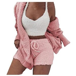 BEROZA Sexy Fuzzy 3-delige outfits voor dames, fleece warme capuchon, korte broek, nachtkledingset, broekensets, sexy pyjamaset, zacht, Set Roze, S
