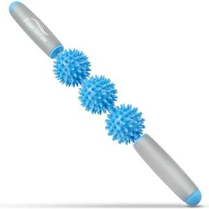Igelbal massageroller met handvat, 40 cm fasciastang met 3 ballen, kleine massagerol, staaf, egelbalrollen met handgrepen, voor benen, nek, rug, schouder (lichtblauw)