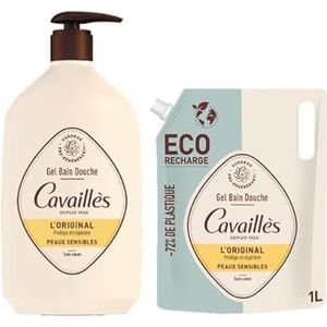 ROGÉ CAVAILLÈS | Bad- en douchegel | Het origineel | Voedt en beschermt de huid | Reinigt zacht | Gevoelige huid | Zeepvrij | 100% gerecycled plastic | Pack: Bad- en douchegel 1L + Eco-Na