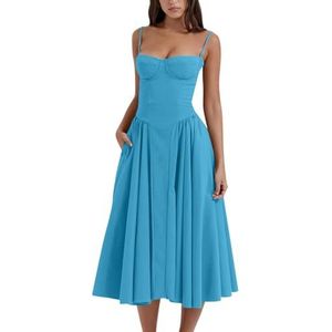 Spaghetti strap a line dress, Sexy Summer Dress for Women, Elegant Corset Fit Sleeveless Midi Dress, Pleated Party Dresses (L,Blue)