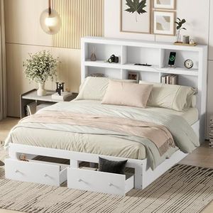 Aunvla Tweepersoonsbed, massief hout, kingsize platformbed met twee laden aan het voeteneinde van het bed, hoofdeinde met opbergruimte, wit
