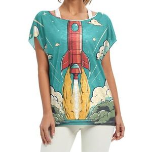 Blue Sky Rocket Cartoon Art korte vleermuismouwen shirt ronde hals T-shirts losse tops voor meisjes, Patroon, S