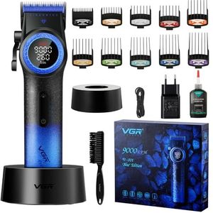 VGR 001 Professionele Tondeuse voor Mannen, Draadloze Haarknipper voor Kappers, Keramisch Mes, 9000 RPM, LED Display, Metalen Behuizing,Blauw