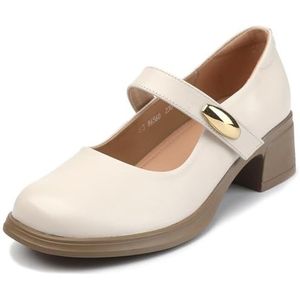 Sekiueo Dames Mary Jane Schoenen Met Dikke Hak Pumps Met Vierkante Neus Formele Werk- En Feestschoenen,Beige,34 EU