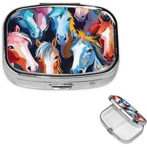 Pillendoos, kleurrijk, cartoon-paarden, 2 vakken, kleine pillendoos voor portemonnee of tas, reis-pillendoos, draagbare pillendoos, vitamine-organizer