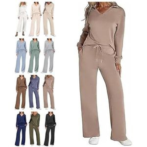 ERICAT 2-delige outfit voor dames, joggingpak, sweater met lange mouwen, casual set, reisoutfit, Donkere Kaki, 3XL