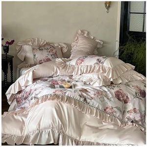 Kanten beddengoedhoes, Egyptisch katoenen beddengoedset met bloemen en rozen, 4 stuks, verschillende maten(Fitted Sheet 1.8mBed)