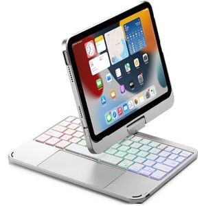 Toetsenbordhoes voor iPad Mini 7 (2024) & Mini 6 (2021) 8.3"", 360° Draaibaar, 7-Kleuren Verlicht Toetsenbord met Trackpad & Penhouder,Zilver