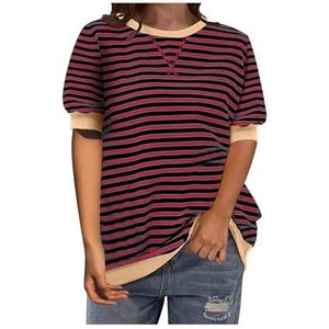 2024 Gestreept Shirt Dames Colorblocked Oversized Gestreepte Korte Mouw Gedrukt Ronde Hals T-shirt Eenvoudige Losse Trui Korte Mouw T-shirt (Color : Striped Red Patchwork Black, Size : XL)