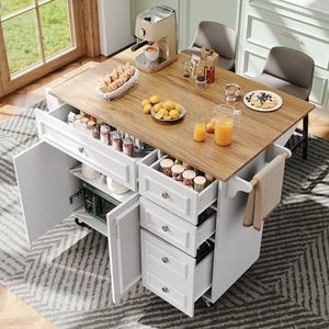 Keukeneiland (110 × 45-75 × 92 cm), modern keukensiland, keukenkast, afneembare serveerwagen, buffetkast, eetwagen met vintage patroon, buffetkast, multifunctionele eettafel met opbergruimte, wit