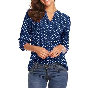 Dames lente herfst V-hals bedrukt lange mouwen T-shirt dames mode casual elegante pullover shirt tops, Donkerblauw, XXL