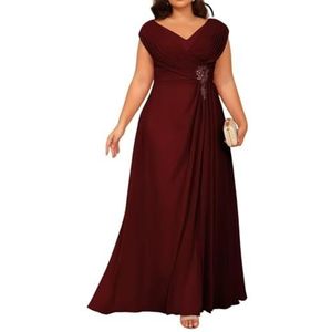 Dames chiffon moeder van de bruid jurk voor bruiloft ruches galajurken cocktailjurk plus size, Bordeaux, 32