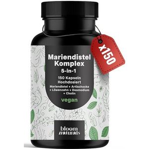 Mariadistel artisjok paardenbloem complex hoge dosis - 150 capsules - 5-in-1 complex met mariadistel + artisjok + paardenbloem + demodium + choline - veganistisch laboratoriumgetest - verpakking kan