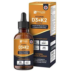 Vitamine D3 4000iu + K2 MK7 25 µg I Sinaasappeldruppels I Hoge sterkte 4000 IU D3 + 25 µg K2-30 ml fles I 1200 Vegetarische druppels - Gemaakt in het VK door Prowise Healthcare