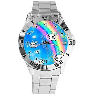 Panda en Regenboog Mode Dames Horloges Sport Horloge Voor Mannen Casual Rvs Band Analoge Quartz Horloge, Zilver, armband
