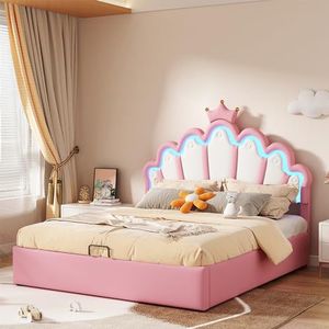 Aunvla 140 x 200 cm plat bed, gestoffeerd bed, prinsessenbed, verstelbare sfeerverlichting, kroonlijst, roze