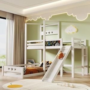 VSOGA Kinderbed, stapelbed met tafel en glijbaan, hoogslaper met ladder, 90 x 200 cm, eenpersoonsbed met valbeveiliging, houten bed voor kinderen, 2 x lattenbodem, wit