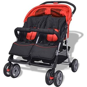 Ausla Tweelings-kinderwagen, staal, rood en zwart.