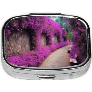 Paarse bloemen bloeiende pad print pillendoos 2 compartimenten kleine pillendoos met spiegel pillenorganisator draagbare medicijnpillendoos voor reizen zak portemonnee