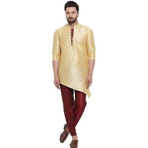 Lakkar Haveli Heren Indisch traditioneel Shirt Kurta Trail Cut Bruiloft Feestkleding Grote Lange Pyjama Broek Set Goud Zijde (X-Large), Goud, XL