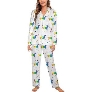 Regenboog Daschund Pyjama Sets Met Lange Mouwen Voor Vrouwen Klassieke Nachtkleding Nachtkleding Zachte Pjs Lounge Sets