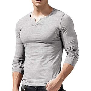 Heren Slim Fit Lange mouwen Henley T-shirt Casual V-hals onderhemden Katoen Grijs M