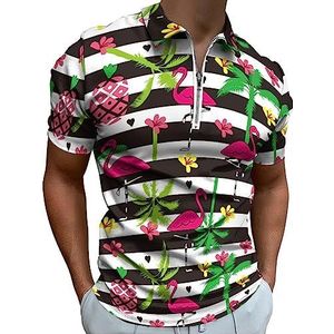 Zomer Tropische Flamingo's En Palmbomen Polo Shirt Voor Mannen Casual Rits Kraag T-shirts Golf Tops Slim Fit