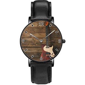 Vintage Elektrische Gitaar Op Houten Muziek Horloges Persoonlijkheid Business Casual Horloges Mannen Vrouwen Quartz Analoge Horloges, Zwart