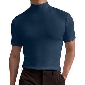 KIKIATA Heren T-shirt met hoge hals en slanke pasvorm, klassieke casual rekbare basic tops, modieuze poloshirts met korte mouwen voor heren, slim fit, Blauw, S