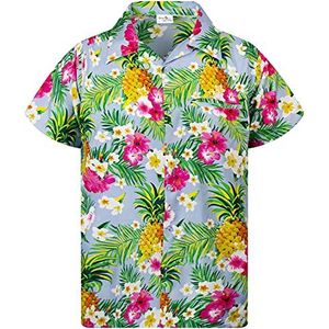 King Kameha Hawaiihemd, voor heren, korte mouwen, borstzakje, Hawaii-print met ananas- en hibiscusmotief, Pineapple Flowers Lichtblauw, 3XL