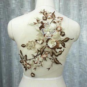 3D bloemen kralen kant stoffen applique borduurwerk naaien op patches voor bruiloft/avondjurk kleding patches scrapbooking-bruin goud