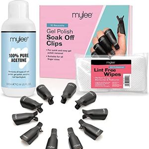 Mylee Gel Nagellak Verwijderaar Set - Pure Aceton 300ml + 100st Pluisvrije Doekjes + 10st Losweken Nagelclips - Gel Nagellak Remover, Verwijdering Pads, Herbruikbare Clips, Manicure en Pedicure