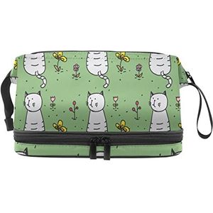 Grote capaciteit reizen cosmetische tas, make-up tas, waterdichte make-up tas organizer, grijze kat in de tuin bloemen groen, Meerkleurig, 27x15x14 cm/10.6x5.9x5.5 in