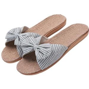 Stoffen huispantoffels voor dames, ademende linnen pantoffels, zoete strik, casual platte slippers voor meisjes, antislip binnenhuisschoenen, damessandalen, voor hotel en reizen, Groen, 8 (39-40)