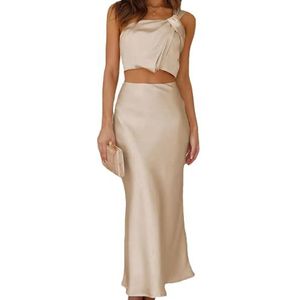 Elegante Satijnen Sets voor Dames, Mode Crop Tops Off-shoulder met Bodycon Lange Rok(Color:Apricot,Size:XL)